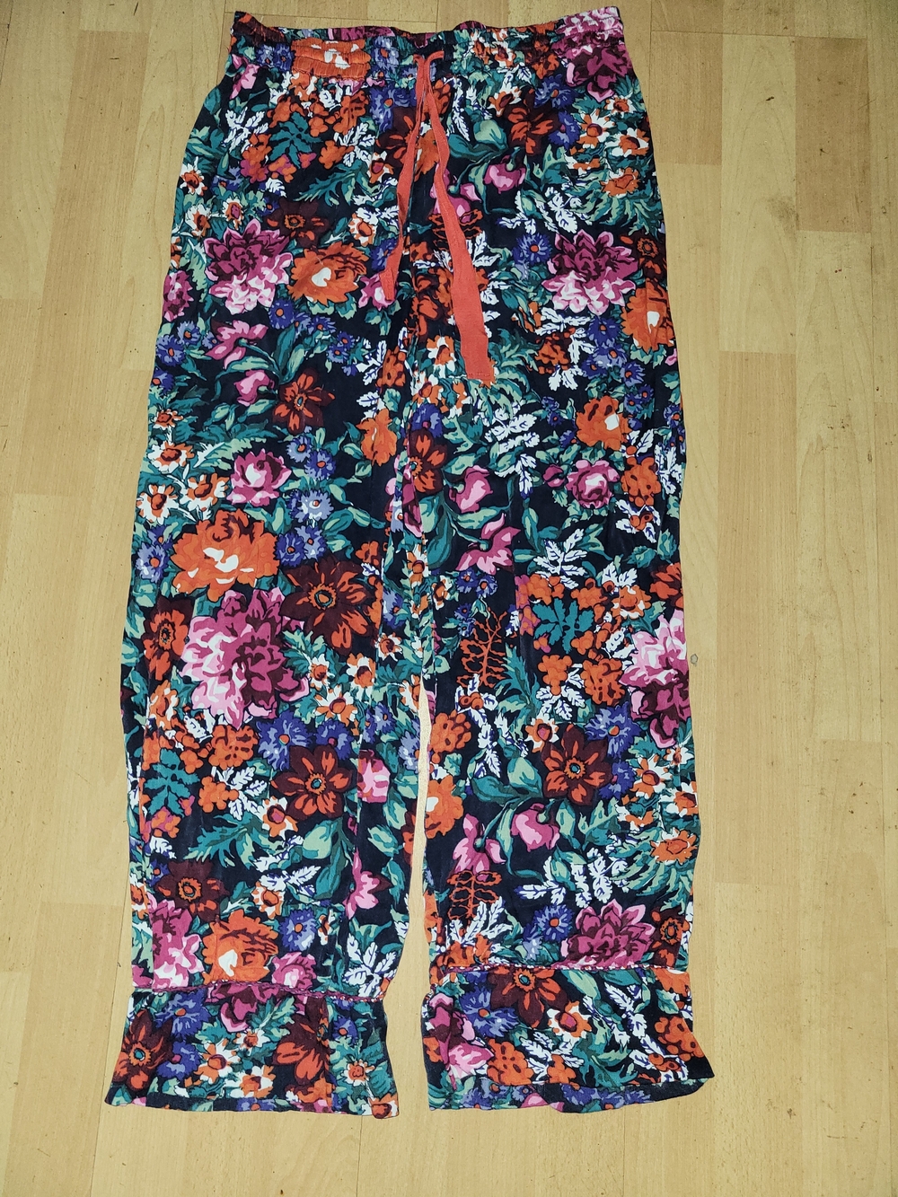 Floreat Multicolor Floral Wide-Leg Pants with Coral Drawcord